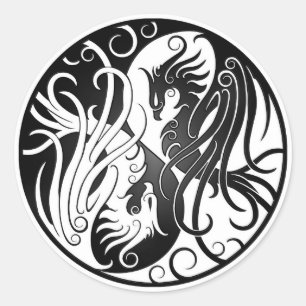 White and Black Yin Yang Phoenix Runt Klistermärke