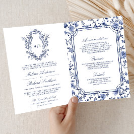 White and Blue Chinoiserie Crest QR Code Wedding Inbjudan