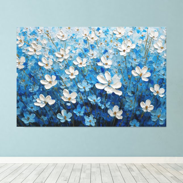 White and Blue Floral Textured Painting – Abstract Canvastryck (Insitu (trägolv))