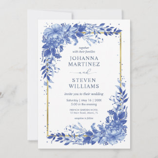 White and Blue Flowers Golden Frame Wedding Inbjudningar
