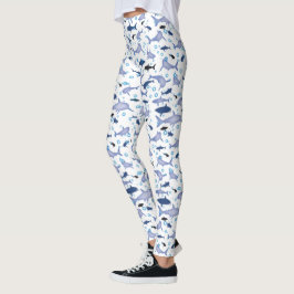 White and Blue Shark Silhouette Mönster Leggings