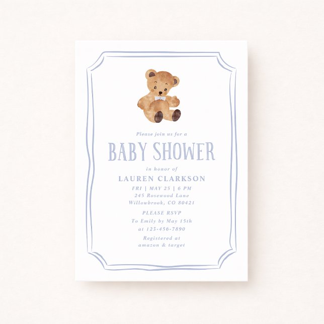 White and Blue Teddy Bear Baby Shower Invitation Meddelande (Skapare uppladdad)