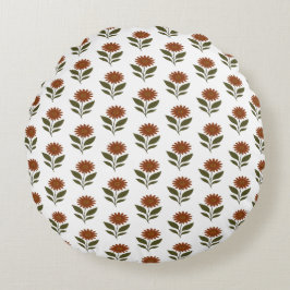 White and Brown Blommigt Boho Rund Kudde