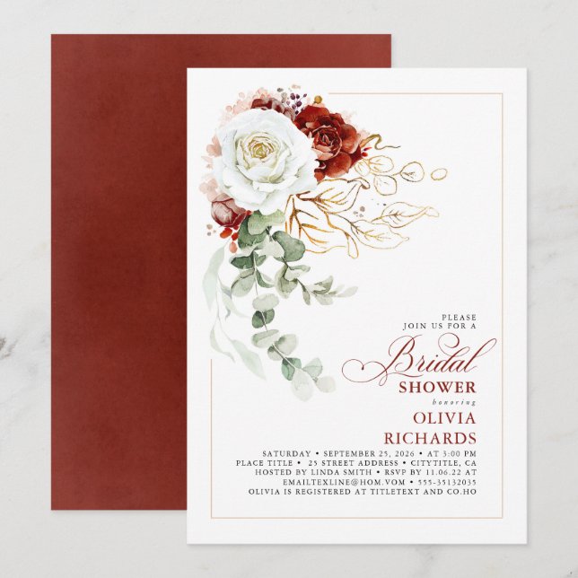 White and Burgundy Red Floral Fall Bridal Shower Inbjudningar (Fram/baksida)