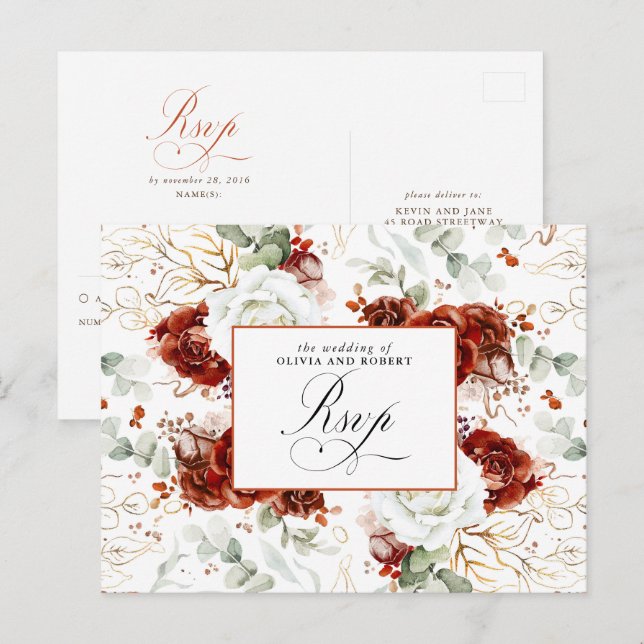 White and Burgundy Red Wedding RSVP Postcard Vykort (Fram/baksida)
