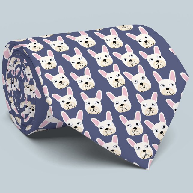 White and Cream Fransk Bulldog Blue Neck Tie Slips (Skapare uppladdad)