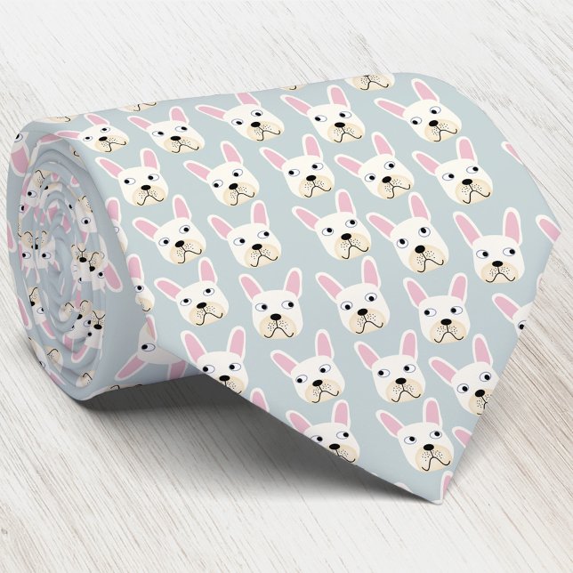 White and Cream Fransk Bulldog Neck Tie Slips (White and cream French Bulldog pattern pale blue art neck tie)