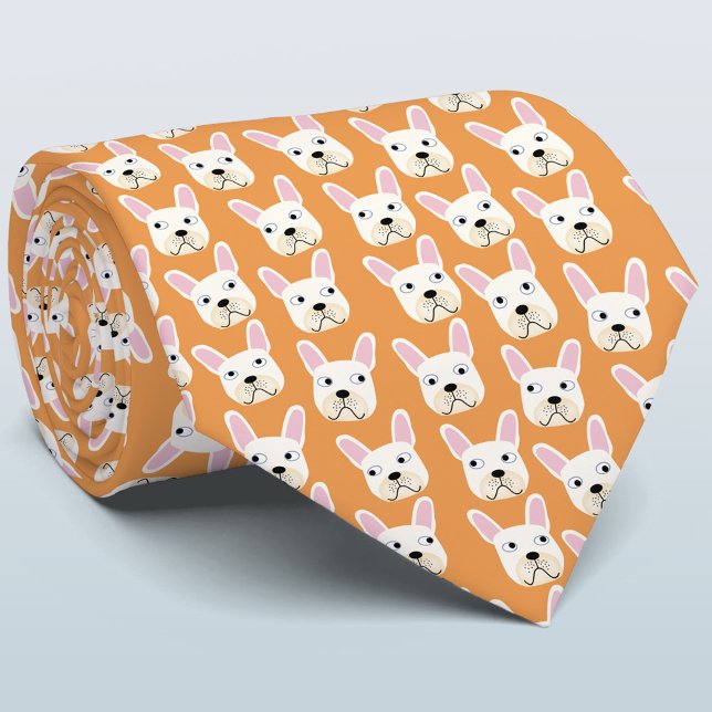 White and Cream Fransk Bulldog Orange Neck Tie Slips (Fun French Bulldog orange neck tie)