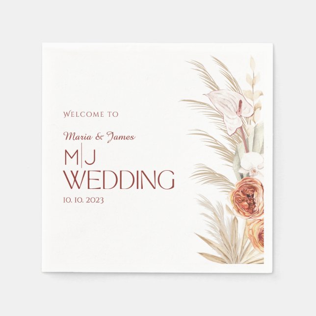 White and Cream Rustic Boho Bröllop Pappersservett (Framsidan)