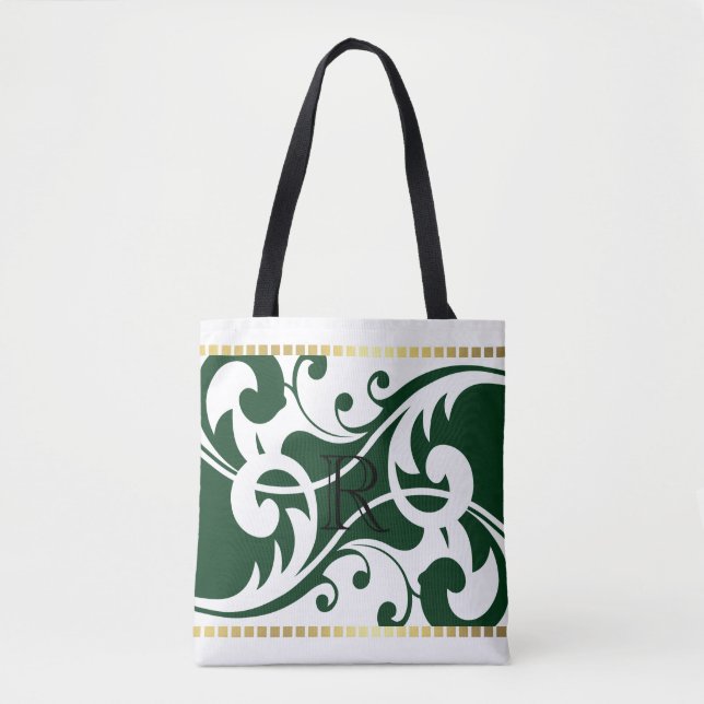 White and Emerald Flourish Guld Gräns Monogram Tygkasse (Framsida)
