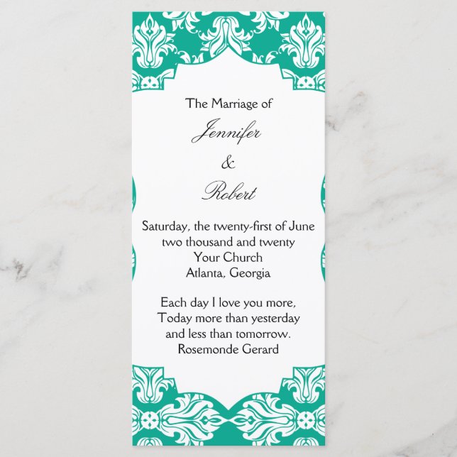 White and Emerald Grönt Damask Wedding Program (Framsida)