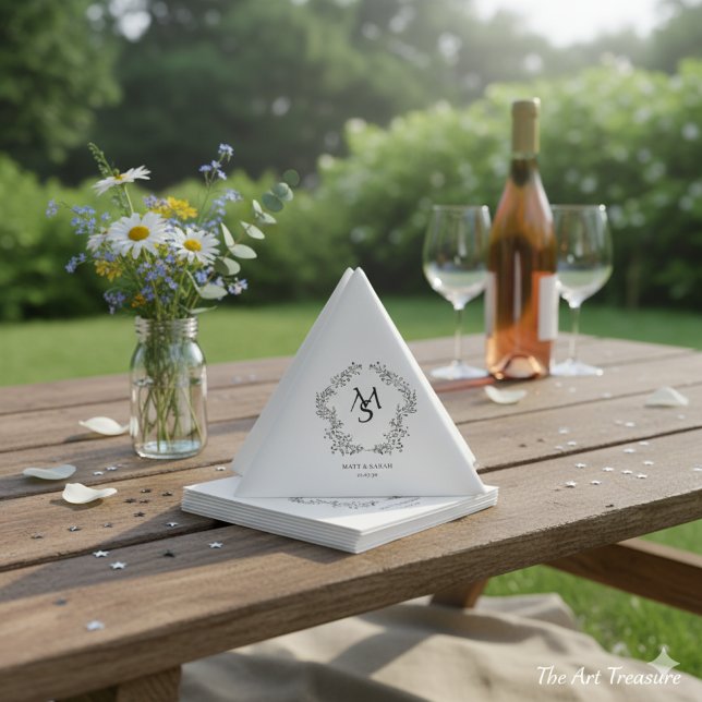 White and Floral Crest Frame Elegant  Pappersservett (Skapare uppladdad)