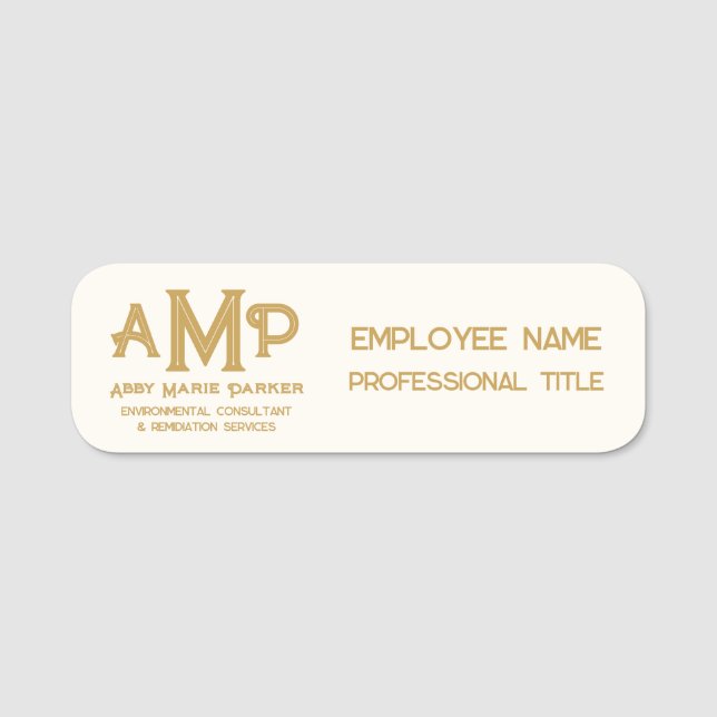 White and Gold 3 Letter Monogram Business Employee Namnbricka (Framsida)