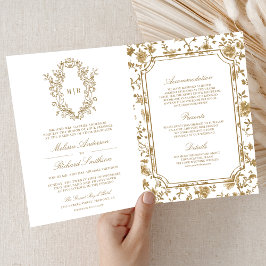 White and Gold Chinoiserie Crest QR Code Wedding Inbjudan