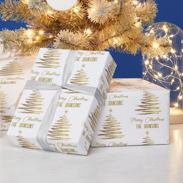 White And Gold Elegant Merry Christmas Tree Name Presentpapper (Helgdagar)