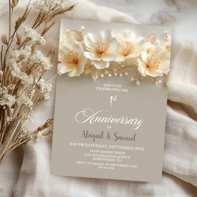 White and Gold Floral 1st Wedding Anniversary Inbjudningar (Skapare uppladdad)
