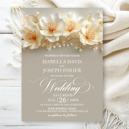 White and Gold Floral Wedding Inbjudningar