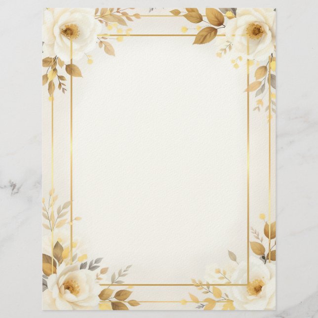 White and Gold Flowers and Double Frame Stationery Brevhuvud (Framsida)