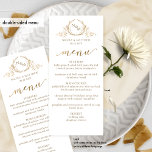 White and Gold Monogram Wedding Double-sided Menu Meny<br><div class="desc">Elegant double-sided wedding menu card with a delicate, fine hand-drawn monogram with the couple's initials. Ability to add your own name(s), date, and menu description on the front and monogram initials. Ability to add the exact same menu on the front and the back, or to add on the back your...</div>