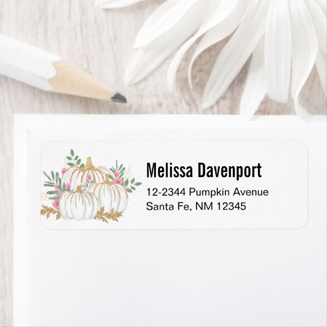 White and Gold Pumpkins Watercolor Returadress Etikett (Insitu)