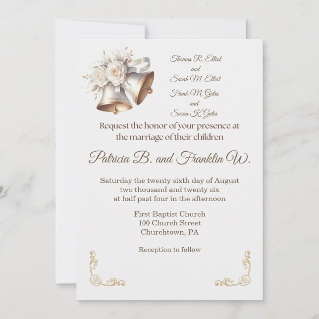 White and Gold Wedding Bells Wedding Invitation Inbjudningar (Framsida)