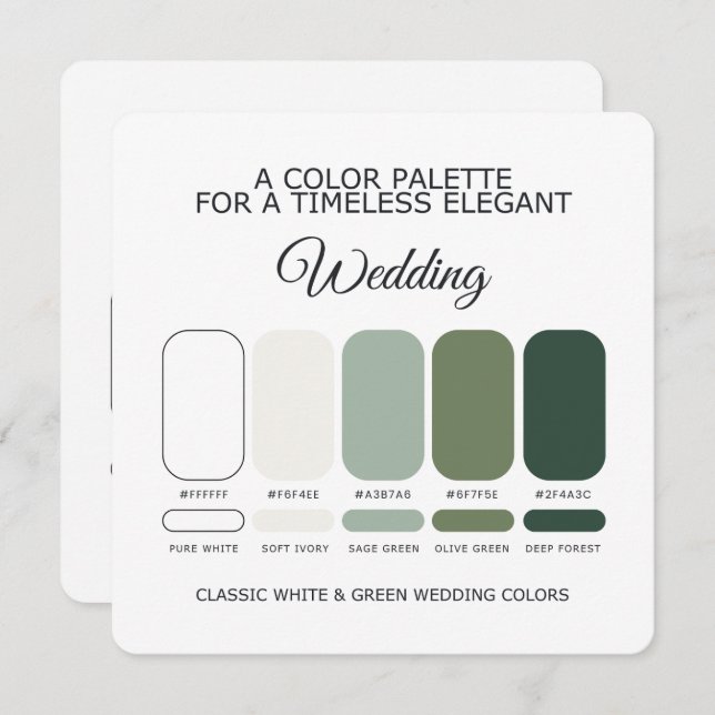 White and Green Wedding Color Palette Card Inbjudningar (Fram/baksida)