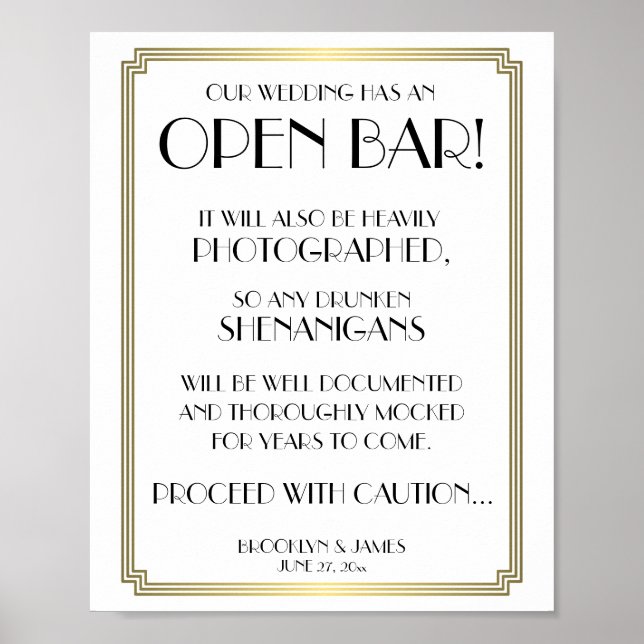 White and Guld Art Deco Gatsby Open Pub Sign 8x10 Poster (Framsidan)