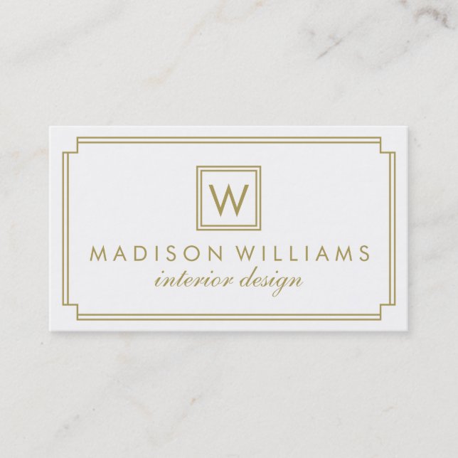 White and Guld Art Deco Monogram Visitkort (Framsida)