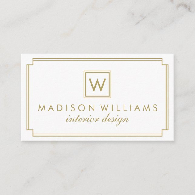 White and Guld Art Deco Monogram Visitkort (Framsida)
