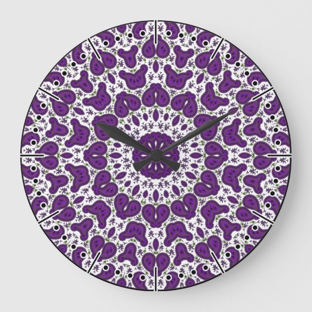 White and Lila Paisley, Kaleidoscope Boho Stor Klocka (Framsida)