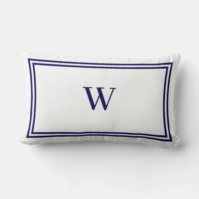  White and Navy Blue Stripe Border Monogram Lumbarkudde (Baksida)