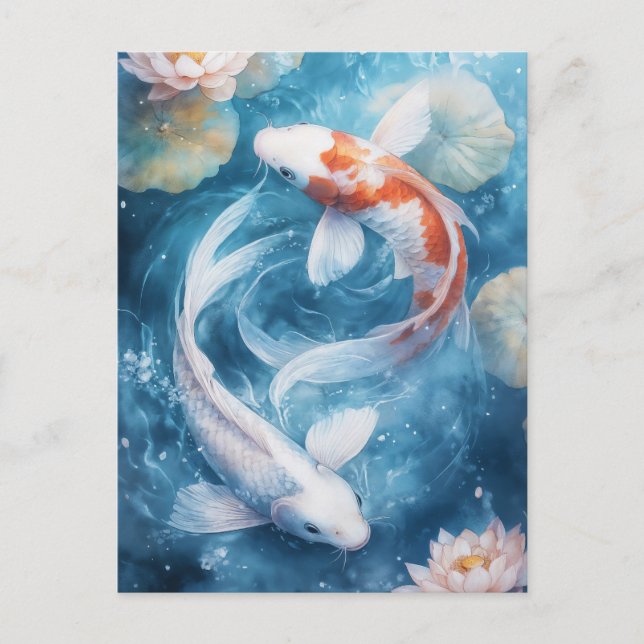 White and Orange Koi Fish Swirling in Lotus Pond Vykort (Framsida)