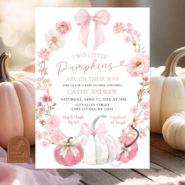  White and Pink Bow Coquette Twins Pumpkin Floral  Inbjudningar (Skapare uppladdad)