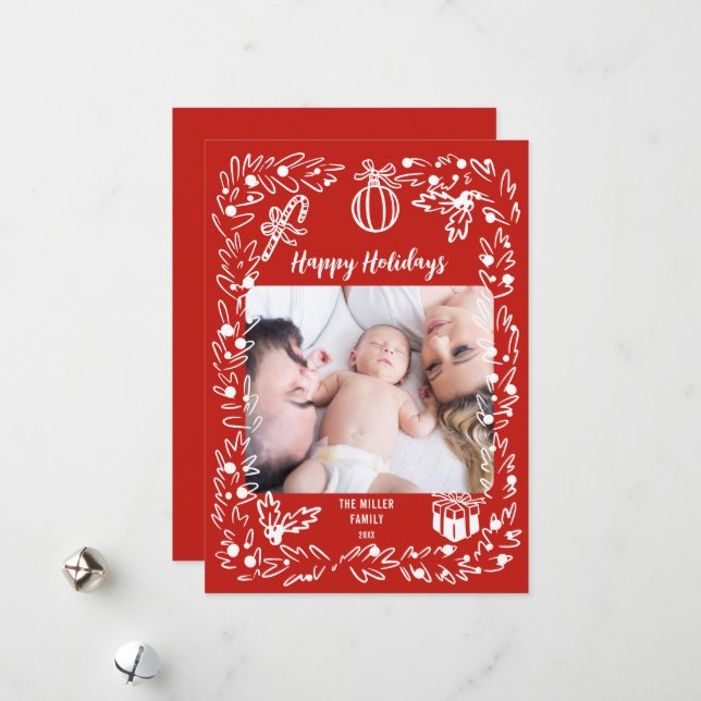 White and red Christmas Photo Card whimsical Julkort (Fram/Back In Situ)