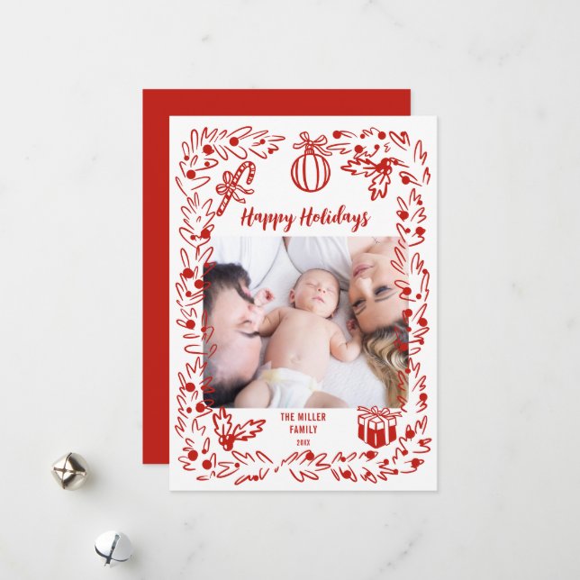 White and red Christmas Photo Card whimsical Julkort (Fram/Back In Situ)