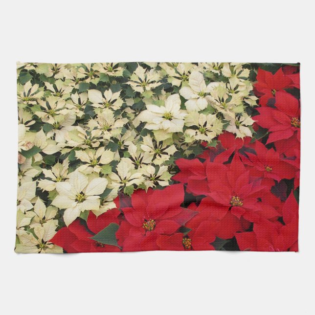 White and Red Poinsettias I Helgdag Blommigt Kökshandduk (Horisontell)