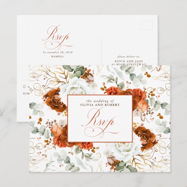 White and Terracotta Wedding RSVP Postcard Vykort (Fram/baksida)