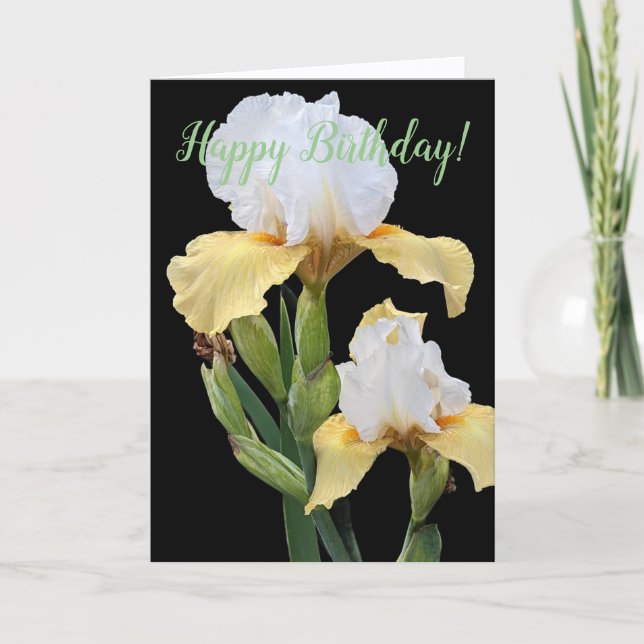 White and Yellow Irises Floral Birthday Kort (Framsida)