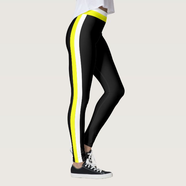 White and Yellow Side Stripe Black Sports Leggings (Höger)