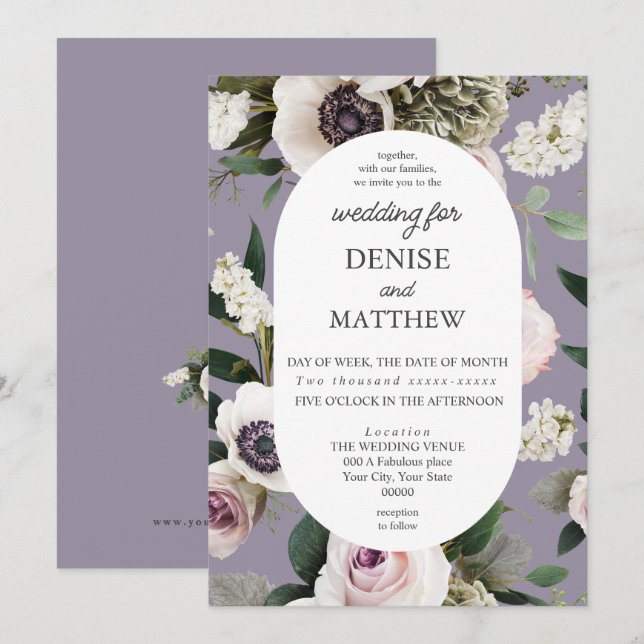 White Anemone on Lavender Grått Bröllop Inbjudningar (Fram/baksida)
