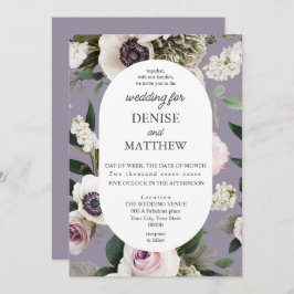 White Anemone on Lavender Grått Bröllop Inbjudningar