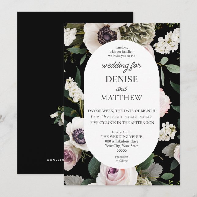 White Anemone on True Black Bröllop Inbjudningar (Fram/baksida)