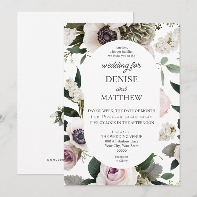 White Anemone på Bright White Bröllop Inbjudningar (Fram/baksida)