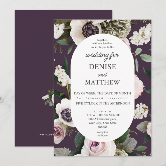 White Anemone på Midnight Plum Bröllop Inbjudningar (Fram/baksida)