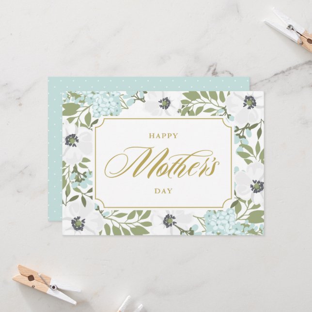 White Anemones Blue Blommigt Lycklig Mors dag Kort (Fram/Back In Situ)