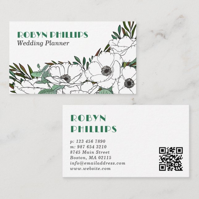 White Anemones Greenery Retro Font QR-kod Visitkort (Fram/baksida)