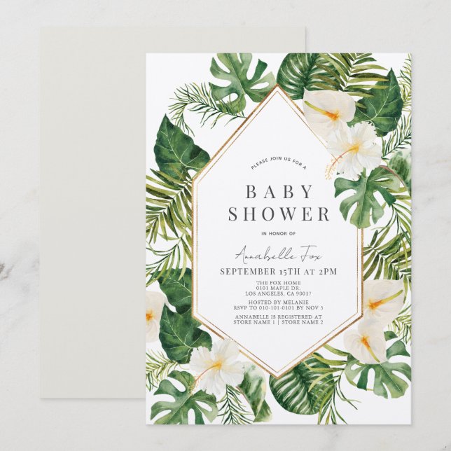 White Anthurium & Hibiscus Blommigt Baby Shower Inbjudningar (Fram/baksida)