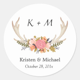 White Antler Blommigt Bride Groom Bröllop Monogram Runt Klistermärke