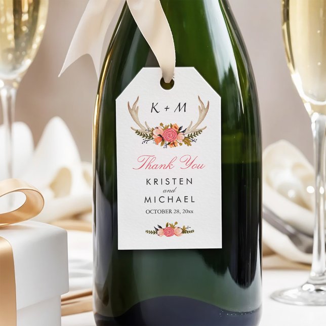 White Antler Rustic Blommigt Bröllop Tack Presentetikett (Skapare uppladdad)