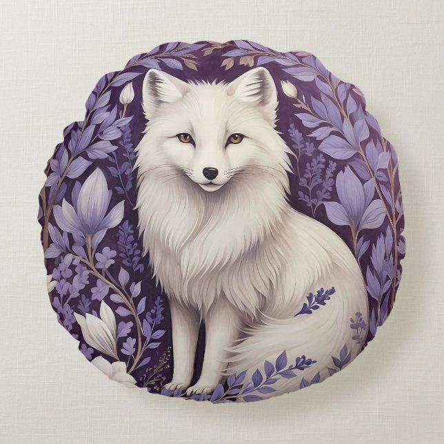 White Arctic Fox Lavender William Morris Flowers Rund Kudde (Framsidan)